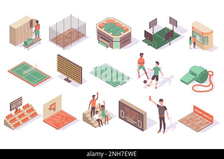 Sport stadium isometric set with isolated images of playground fields stadium stands and faceless human characters vector illustration Stock Vector