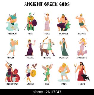 Colorful cartoon icons set with male and female ancient greek gods and their names isolated on white background vector illustration Stock Vector