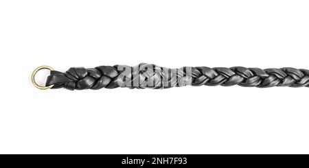 Black Genuine Leather Handmade Braided Shoulder Bag Strap with Golden Metal Chain Isolated on White Background. Women Fashion Leather Handicraft Acces Stock Photo