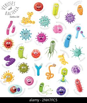 Vector illustration set of 30 viruses and bacteria characters in cartoon style isolated on white background Stock Vector