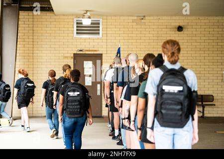 On July 21, 2022, the 324th Training Squadron's new arrivals line up at Joint Base San Antonio-Lackland, Texas. The 324th TRS was in week zero of Basic Military Training. Stock Photo