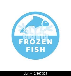Frozen fish, product vector label. Blue sticker stamp. Stock Vector