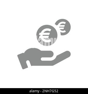 Human hand and money dropping euro coin icon. Savings and payment concept vector fill symbol. Stock Vector