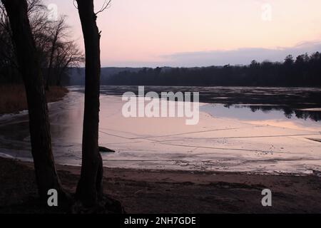 Boat landing on the St. Croix River at sunset in Somerset, Wisconsin USA. Stock Photo
