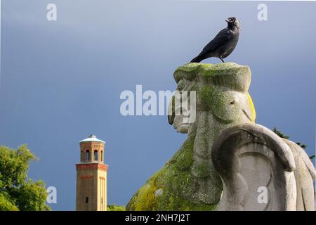 An image of a close-up of an ornately decorated stone statue with a crow perched atop it Stock Photo