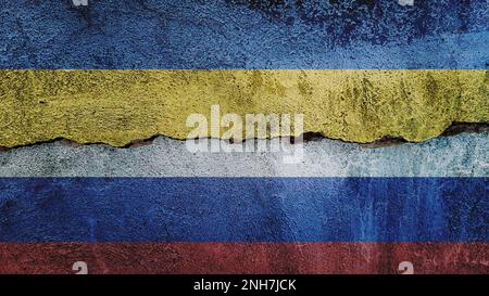 Ukraine and Russia flag on cracked wall background. NATO membership, politics conflicts, war concept texture background Stock Photo