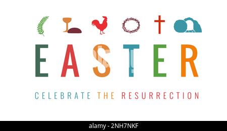 Easter card symbols, celebrate resurrection. Easter Sunday, He is risen - christian concept with palm branch, cup and bread, rooster, crown of thorns Stock Vector