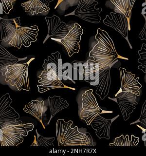 Vintage dark seamless pattern with luxury gold and transparent ginkgo biloba dried leaves. Hand drawn botany sketch organic background. Textile fabric template texture. Vector illustration. Stock Vector