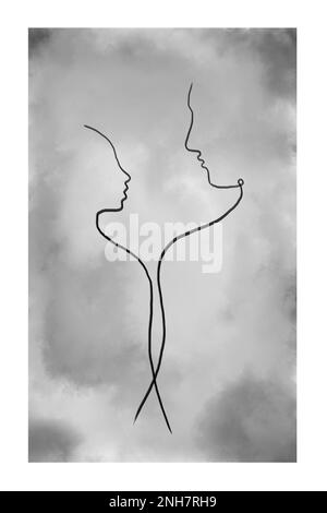 Line Art Men and Woman.  Portrait minimalist style. One Line Art Couple, Abstract man and woman drawing. Minimal Face. Valentines Day Illustration. Stock Photo