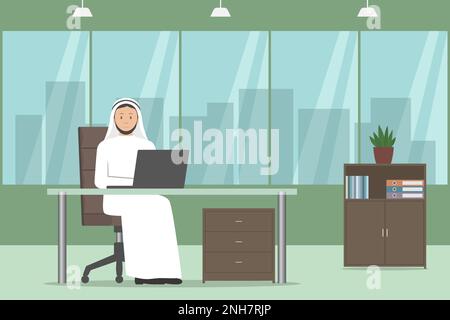 Arab chief in thawb working on laptop in his office. Vector illustration. Stock Vector