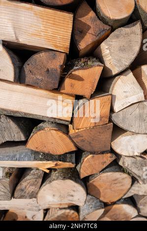 Firewood folded to dry in the yard. Fraxinus excelsior, known as the ash, or European ash. Stock Photo