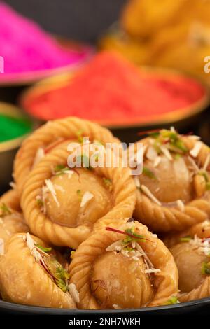 Chandrakala Gujia Mithai Also Called Suryakala Gujiya, Pirukiya, Pirukia, Pedakiya, Karanji, Basundi Gughra Made Of Suji Ghee Stuffed With Mawa Khoya Stock Photo