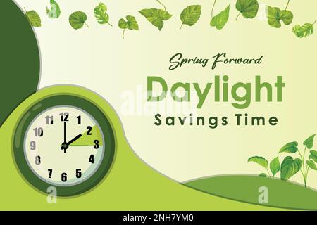 Daylight Saving Time Ends Background. Change your clocks message. Fall back. With leaf and clocks icon.background illustration Stock Vector