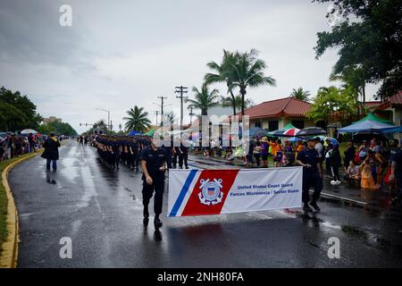 Members of U.S. Coast Guard Forces Micronesia includes Sector Guam, Station Apra Harbor, the USCGC Sequoia (WLB 215), MAT/WAT Guam, USCGC Myrtle Hazard (WPC 1139), Oliver Henry (WPC 1140), and Frederick Hatch (WPC 1143), participate in the annual Liberation day parade down Marine Corps Drive in Guam on July 21, 2022. Liberation Day reminds us of the sacrifice of the people of Guam and the forces who liberated them after 31 months of occupation. The USCGC Tupelo (WLB 303) and 10 Coast Guard-manned Navy warships stood alongside their fellows in Operation Forager —  to liberate the island of Guam Stock Photo