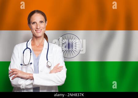 Indian general practitioner doctor gp on the flag of India Stock Photo