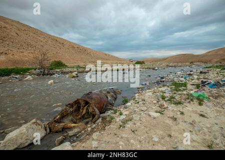 The Kidron Stream flows from Jerusalem to the Dead Sea. cia the west bank and Palestine. The flow in this stream consists mainly of sewerage and waste Stock Photo