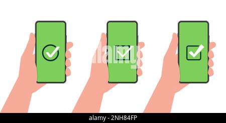 Hand holding a tablet. Using digital tablet pc. Empty screen. Approved choice. Accept or approve checkmark. Stock Vector