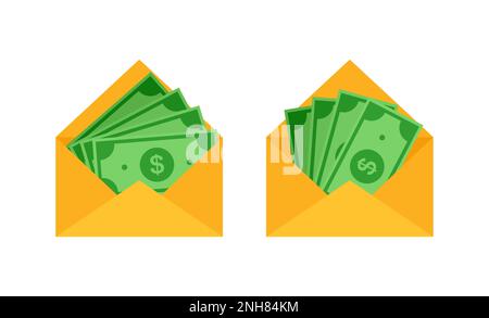 Opened envelope with money. Online payment. Salary in envelope. Stock Vector