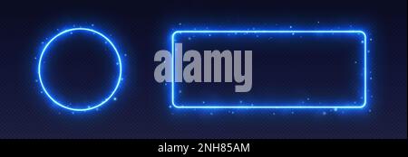 Blue neon frames with smoke and sparkles, ice borders concept. Stock Vector