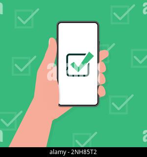 Hand holding a tablet. Using digital tablet pc. Empty screen. Approved choice. Accept or approve checkmark. Stock Vector