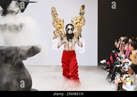 London, UK. 21 February 2023. Models on the catwalk during the Buerlangma show, held in Shoreditch during London Fashion Week. Picture date: Tuesday February 21, 2023. Photo credit should read: Matt Crossick/Empics/Alamy Live News Stock Photo