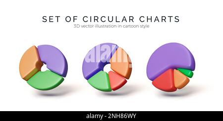 Pie charts icons. Set of 3D circular graphs. Render round diagram for infographics and statistics visualization. Vector illustration Stock Vector