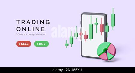 Online stock market concept. Render mobile phone with circular chart and candlestick diagram. Buying and selling assets on stock exchange. Finance inv Stock Vector