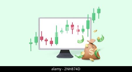 Online trading on stock exchange and binary options. PC monitor, candlestick chart, money bag with falling gold coins and green paper currency. Succes Stock Vector