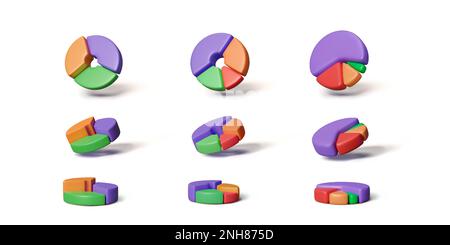 Set of 3D pie charts. Round diagram render in cartoon realistic style. Data presentation for infographics and business statistics. Vector illustration Stock Vector