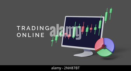 PC monitor with charts. Stock market and binary options concept. Pie graph and candlestick chart on computer screen. Online stock exchange trading con Stock Vector