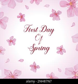 First day of spring lettering. Realistic pink sakura flower on a white background.modern watercolor vector illustration Stock Vector