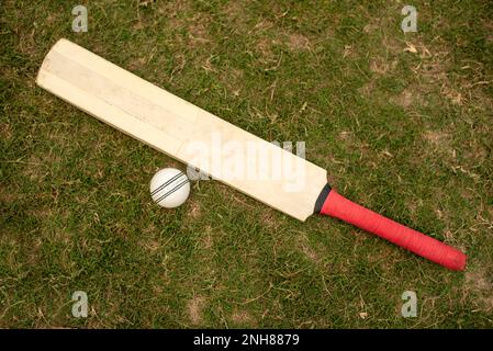 Cricket bat and ball on playing grass field pitch Stock Photo