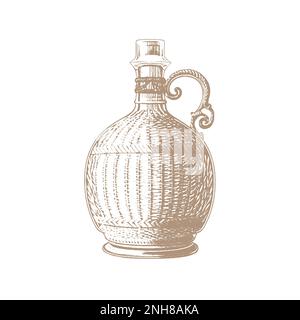 Wine wicker bottle. Vintage vector hatching gray monochrome illustration. Isolated on white background Stock Vector
