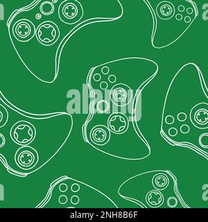 Seamless pattern of game controllers. Vector illustration in hand-drawn outline flat style on green background Stock Vector