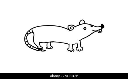 Funny cute rat, mouse in cartoon outline doodle style. Vector illustration isolated on white background. Stock Vector