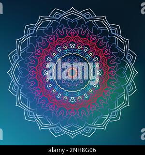 Round gradient mandala on blue isolated background.  Ethnic mandala with colorful tribal ornament Vector boho mandala in blue and red colors. Yoga tem Stock Vector