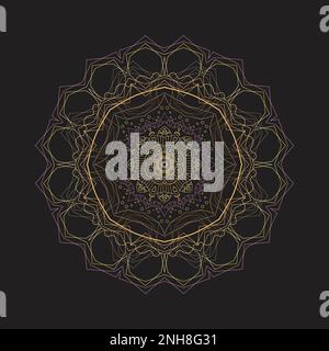 Round golden and pink mandala on grey isolated background.  Ethnic mandala with colorful tribal ornament Vector boho mandala, Yoga template Stock Vector