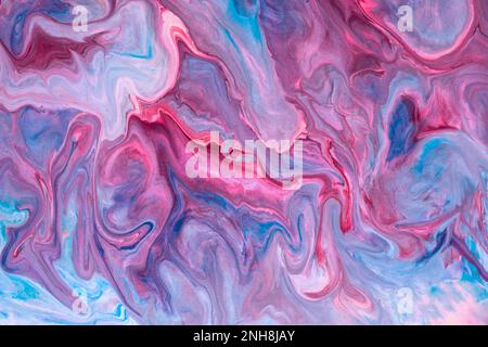 Abstract fluid art background blue, violet, pink color. Liquid marble. Acrylic painting on canvas with gradient. Copy space for text, design art work. Stock Photo