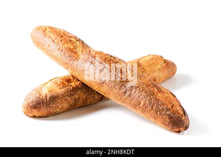Two baguette isolated on white background, home made bakery concept Stock Photo