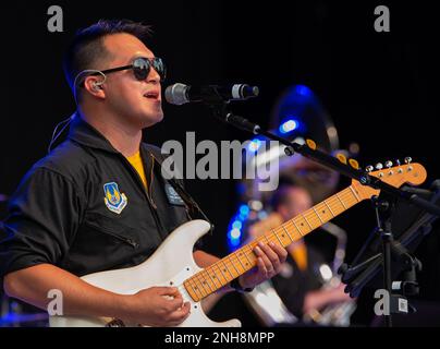 Airman 1st Class Christopher Arellano, Air Force Band of Flight, performs at Fraze Pavilion July 27, 2022, in Kettering, Ohio. Arellano was named the Air Force’s New Musician of the Year. Stock Photo