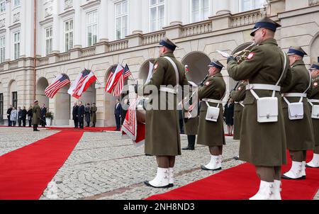 Warsaw, Poland. 21st Feb, 2023. US President Joe Biden (L) is greeted by Polish President Andrzej Duda during a welcoming ceremony ahead of their meeting at the Presidential Palace in Warsaw on February 21, 2023. Photo byJakub Szymczuk/KPRP/UPI Credit: UPI/Alamy Live News Stock Photo