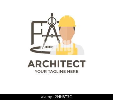 Architect in helmet and home plans logo design. Person Profile, Avatar Symbol, Male people icon. Male professional architect service worker  vector. Stock Vector