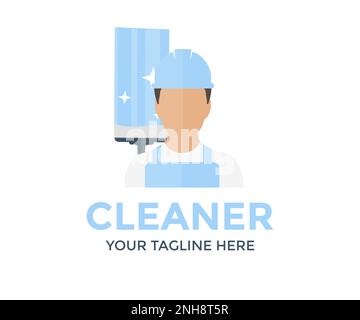 Hard-working professional Window cleaner man logo design. Person Profile, Avatar Symbol, Male people icon. Male professional cleaning service worker. Stock Vector