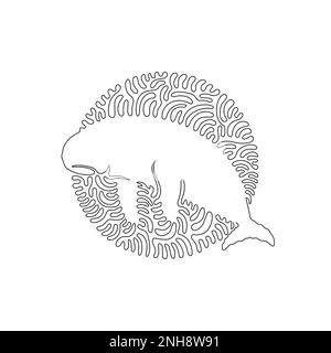 Continuous one curve line drawing of cute dugong abstract art in circle. Single line editable vector illustration of dugong with a torpedo-shape Stock Vector