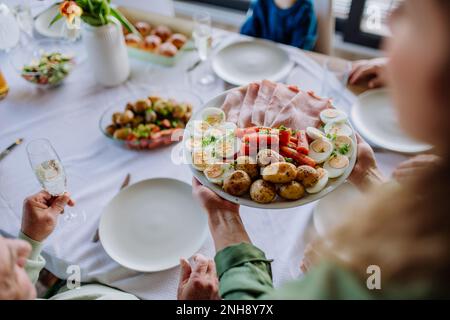 High angle view of Easter setting table with traditional meals. Stock Photo