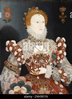 Elizabeth I (1533-1603) was Queen of England and Ireland from 17 November 1558 until her death in 1603. She was the last of the five monarchs of the House of Tudor. Oil on wood panel by Nicholas Hilliard (1547-1619), circa 1573-75. Stock Photo