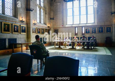 Sgt. 1st Class Daniel Dalton, with 1st Battalion 187th Infantry Regiment, 3rd Brigade Combat Team, 101st Airborne Division (Air Assault), sits at the position of attention during his Sergeant Audie Murphy Club (SAMC) board at West Point, NY, on July 29, 2022. As part of a Sergeant Audie Murphy Award Board, members of Task Force Leader participated in a six-mile ruck march while carrying a 35-pound rucksack on July 25 at Camp Buckner. The SAMC is an award for noncommissioned officers whose leadership achievements and performance merit special recognition. Stock Photo