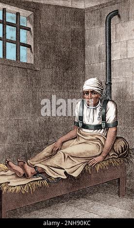 The American seaman James (called William) Norris, inhumanely chained in the insane asylum of Bedlam Hospital for 12 years. Interest in his case generated enthusiasm for asylum reform. Engraving by Etienne Esquirol, 1838, after a drawing from the life by G. Arnald 1814. Colorized. Stock Photo