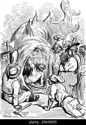 Baron Meonchhausen retrieved from the belly of a whale, illustration by Gustave Dore?, 1862. Baron Munchausen is a fictional German nobleman created by the German writer Rudolf Erich Raspe in 1785. The character is loosely based on a real baron, Hieronymus Karl Friedrich, Freiherr von Meonchhausen, who told outrageous tall tales based on his military career. The condition of Munchausen syndrome derives its name from the fictional character. Stock Photo