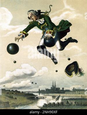 Baron Meonchhausen's flight on a cannonball, 1872. Baron Munchausen is a fictional German nobleman created by the German writer Rudolf Erich Raspe in 1785. The character is loosely based on a real baron, Hieronymus Karl Friedrich, Freiherr von Meonchhausen, who told outrageous tall tales based on his military career. The condition of Munchausen syndrome derives its name from the fictional character. Stock Photo
